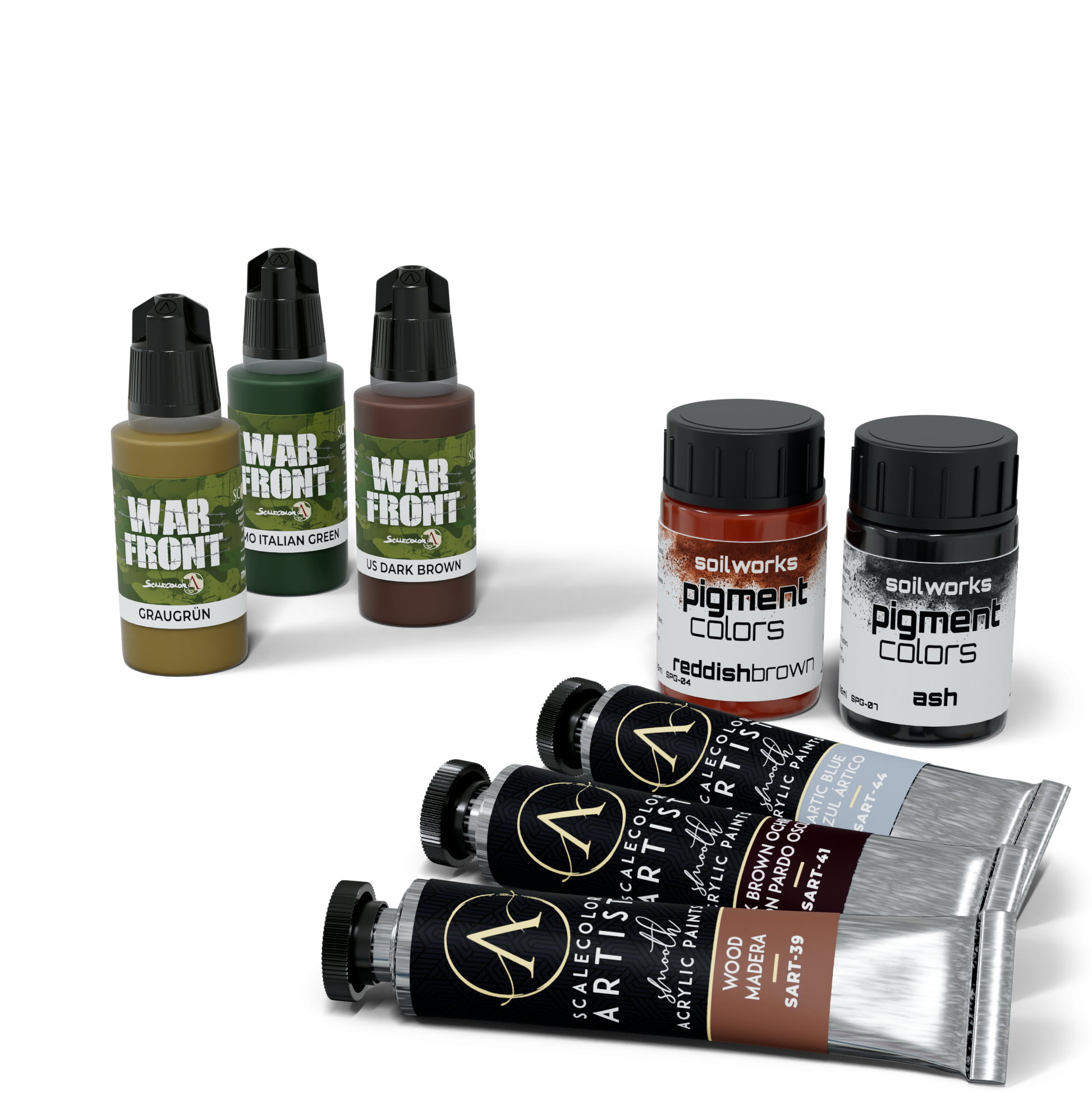 ScaleColor model paints and pigments: three dropper bottles, two pigment pots, and three acrylic tubes in earth tones and blue.