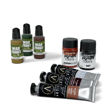 ScaleColor model paints and pigments: three dropper bottles, two pigment pots, and three acrylic tubes in earth tones and blue.