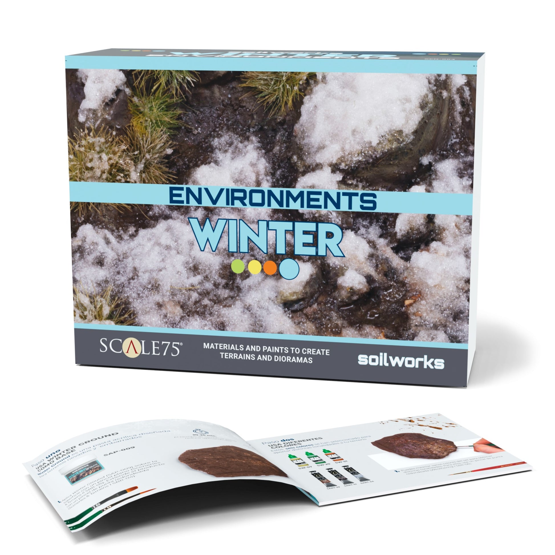 A Scale75 Winter diorama kit box, with snowy ground image, and open booklet showing paints & terrain samples.