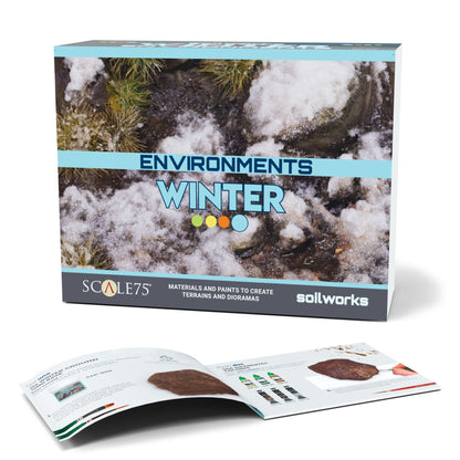A Scale75 Winter diorama kit box, with snowy ground image, and open booklet showing paints & terrain samples.