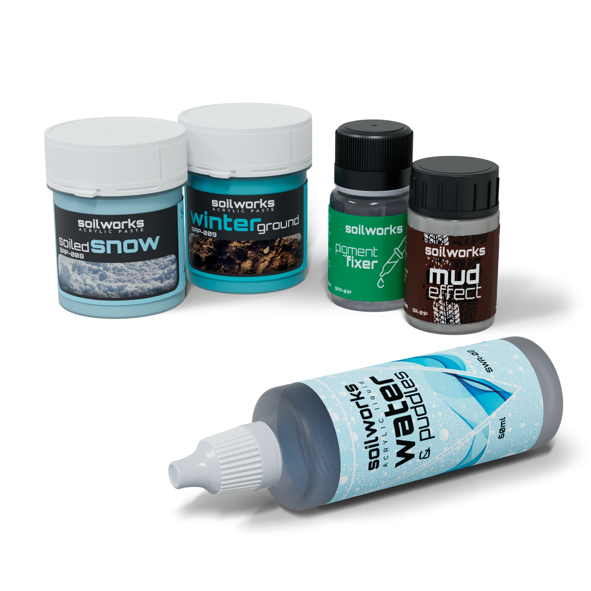 Five Soilworks model effects products: tubs of snow and ground textures, plus bottles of mud, pigment fixer, and water.