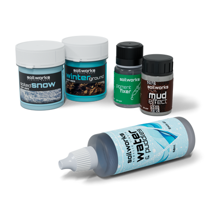 Five Soilworks model effects products: tubs of snow and ground textures, plus bottles of mud, pigment fixer, and water.