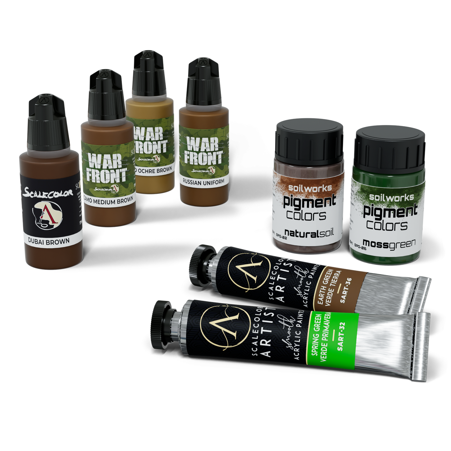 Scalecolor & Soilworks model paints and pigments: brown dropper bottles, green pigment jars, and acrylic paint tubes.