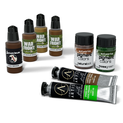 Scalecolor & Soilworks model paints and pigments: brown dropper bottles, green pigment jars, and acrylic paint tubes.