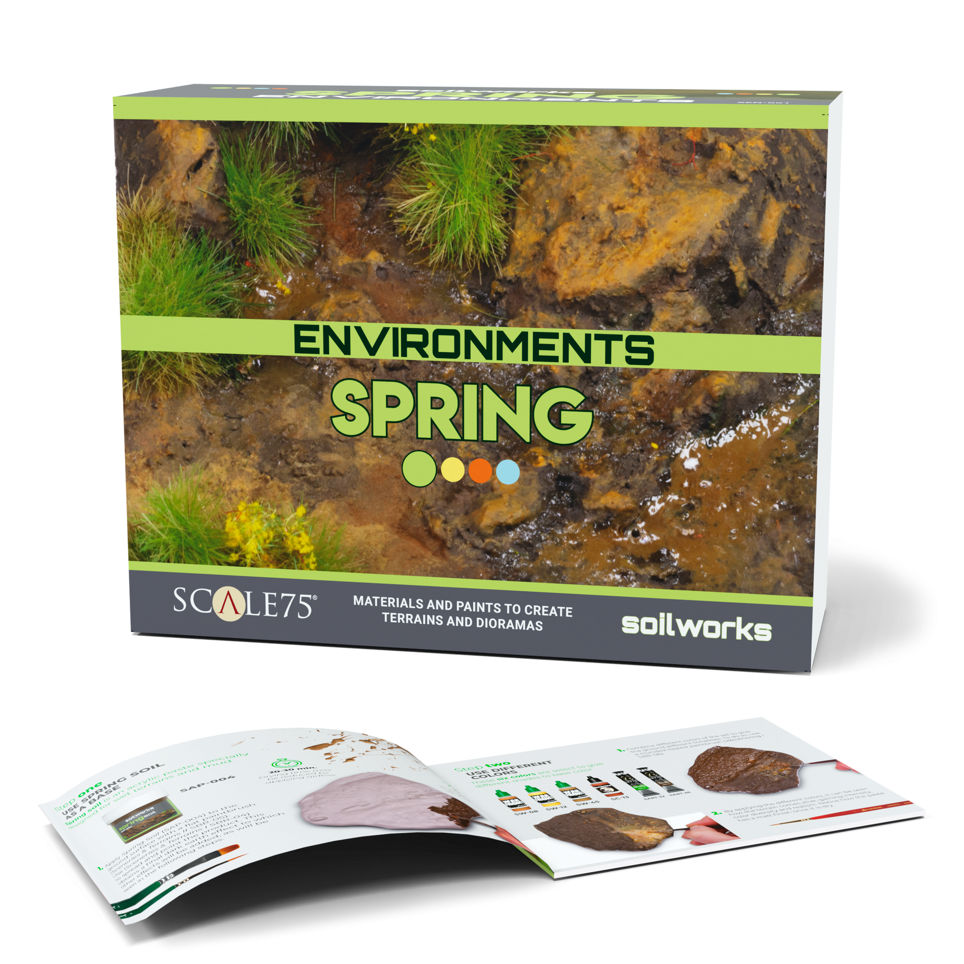 Scale75 "Environments Spring" diorama kit box, showing muddy terrain. An open guide demonstrates material application.