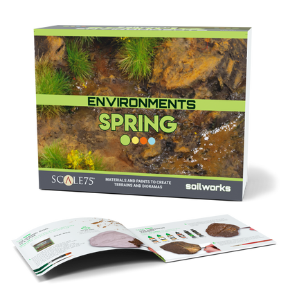 Scale75 "Environments Spring" diorama kit box, showing muddy terrain. An open guide demonstrates material application.