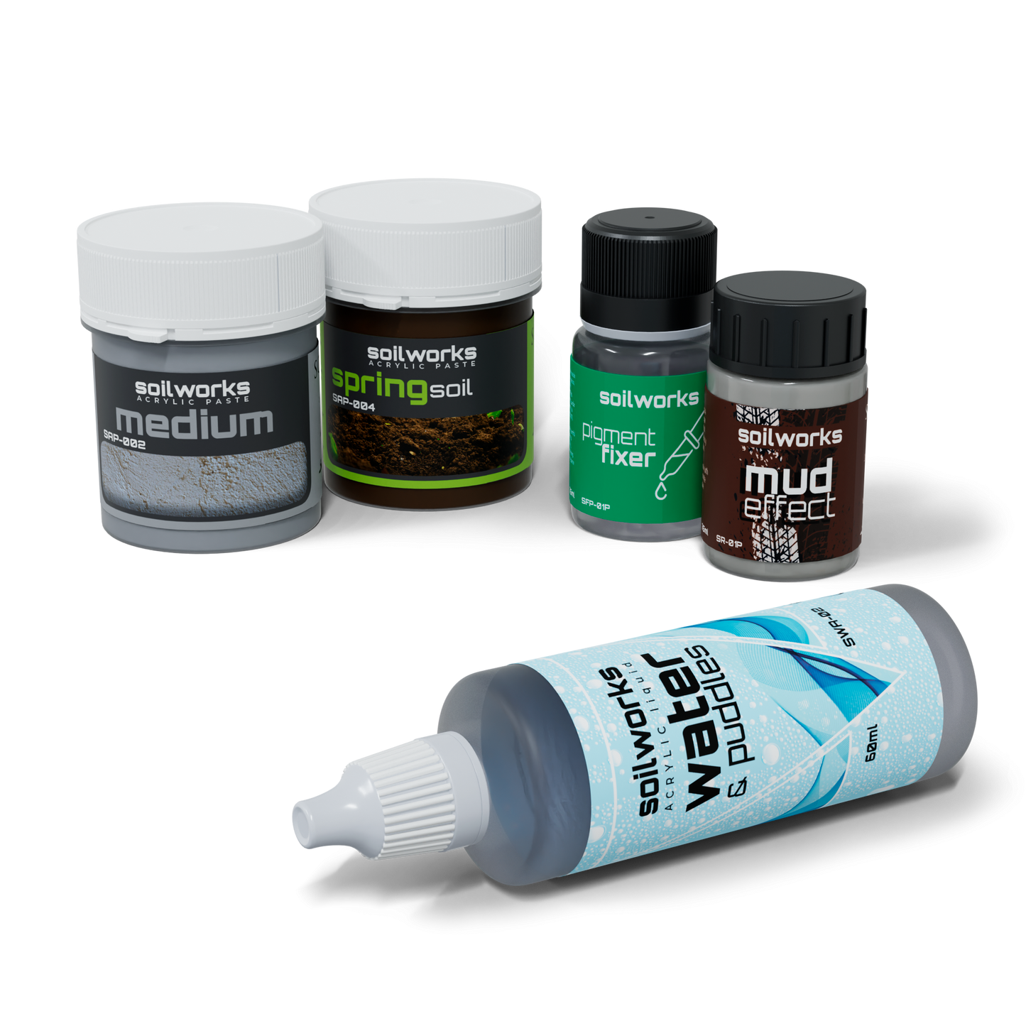 A variety of Soilworks acrylic modeling pastes and liquids for terrain effects.