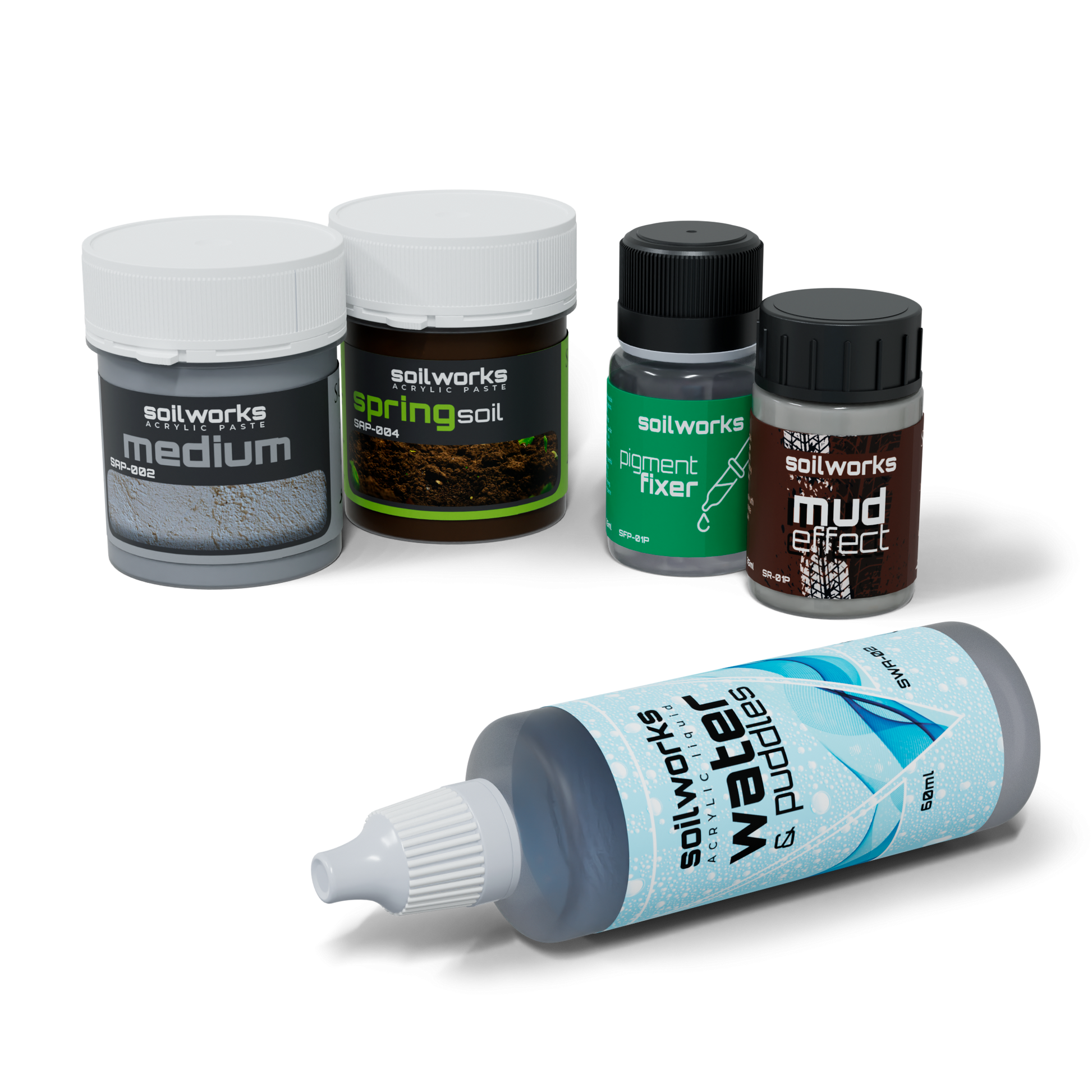 A variety of Soilworks acrylic modeling pastes and liquids for terrain effects.