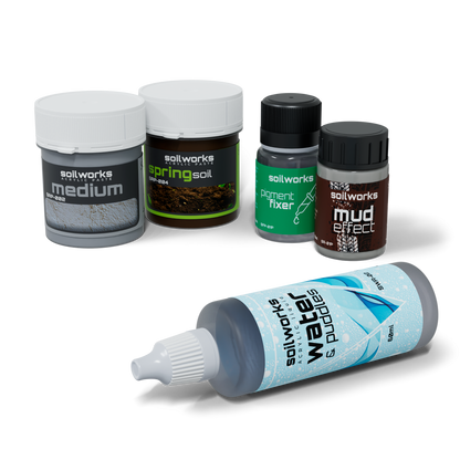 A variety of Soilworks acrylic modeling pastes and liquids for terrain effects.