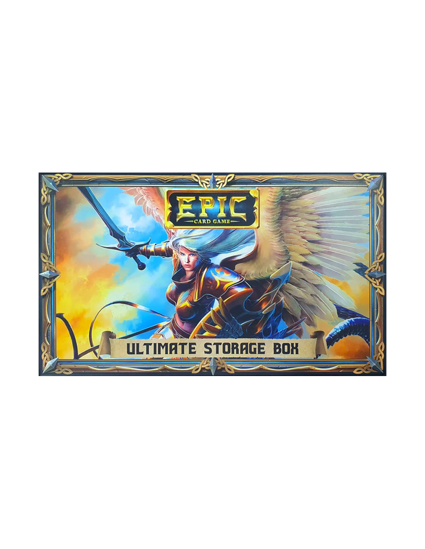 EPIC Card Game Ultimate Storage Box featuring artwork of an armored warrior with wings and sword
