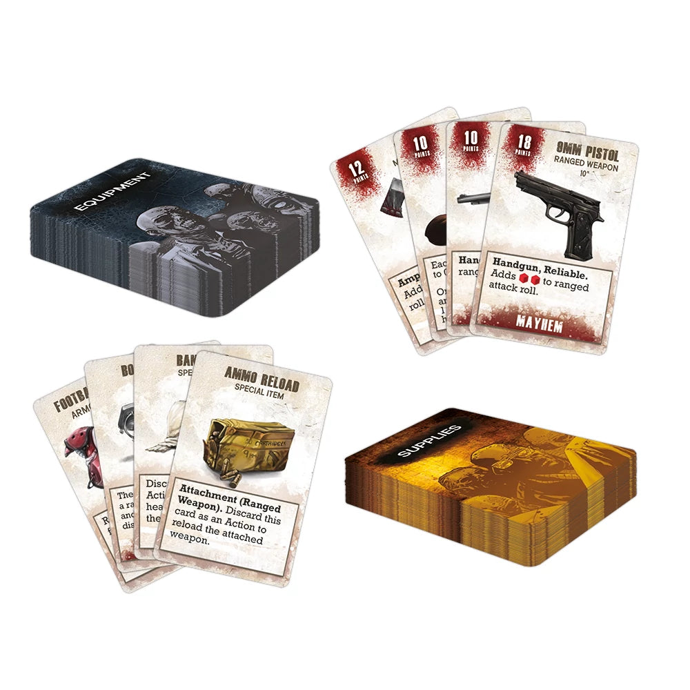 Four groups of game cards are displayed, including a dark stack labeled Equipment, a yellow stack labeled Supplies, and fanned cards showing weapons and items like Ammo Reload