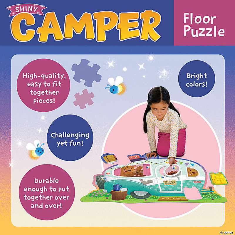Girl assembling a large shiny camper floor puzzle featuring cute bears