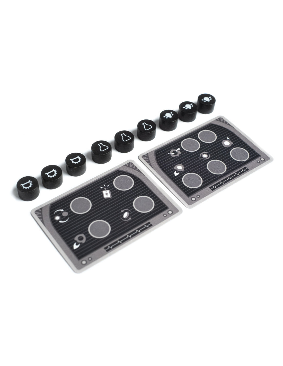 Two gray tech-themed game boards with circles and a diagonal line of black tokens with gear, beaker, and lightbulb symbols on white.