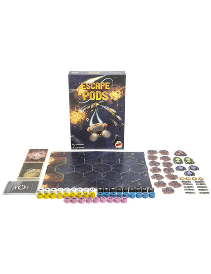 The 'Escape Pods' board game box and all its components, including a hexagonal board, tokens, and cards, laid out.