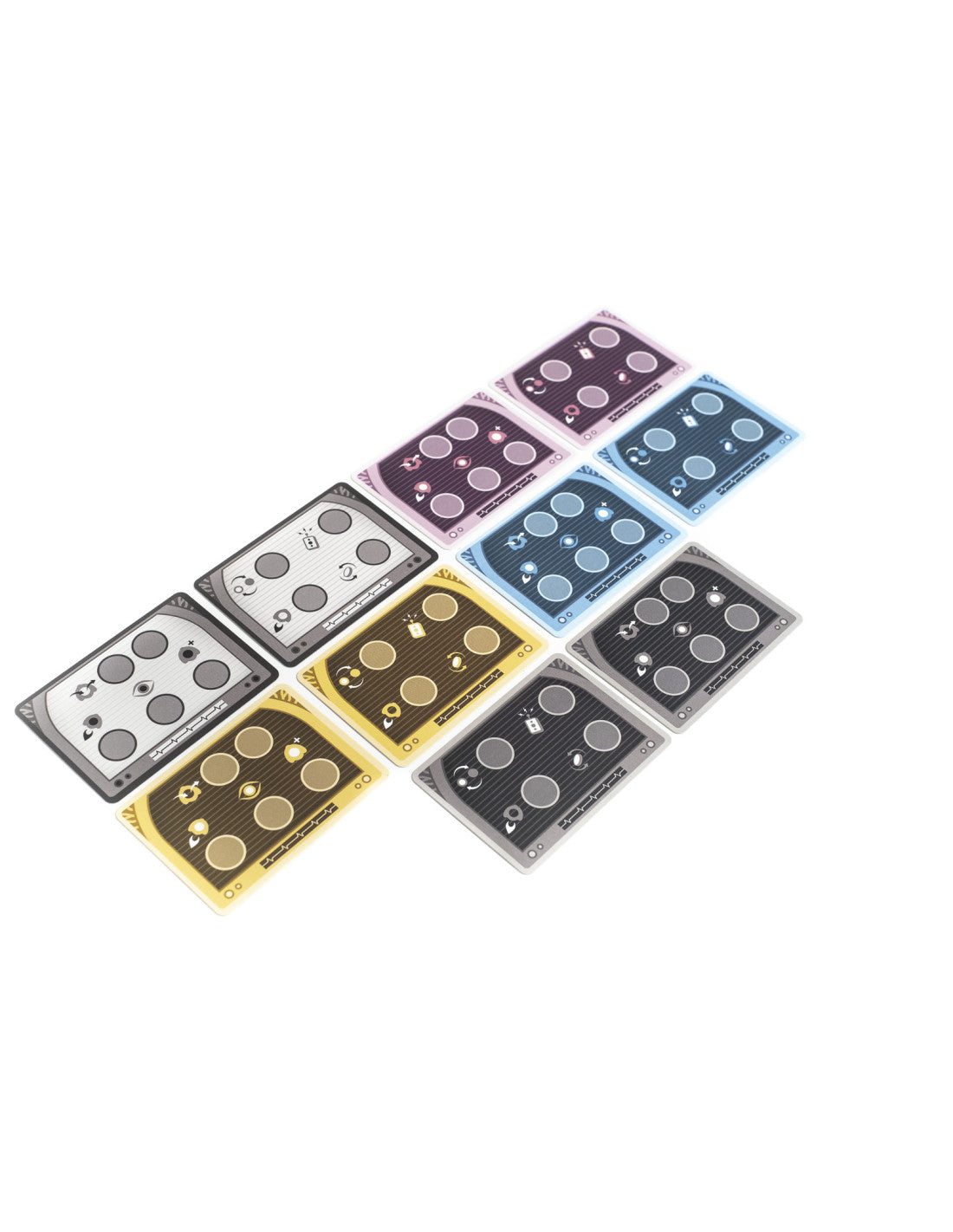 Twelve colorful game cards, each with circular spots and unique icons, arranged diagonally, overlapping on white.