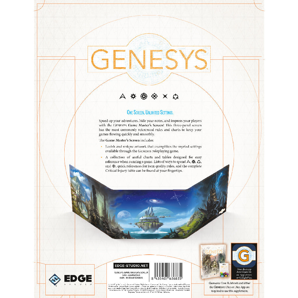 A three-panel Genesys Game Master's screen open, featuring detailed fantasy artwork and game rules text