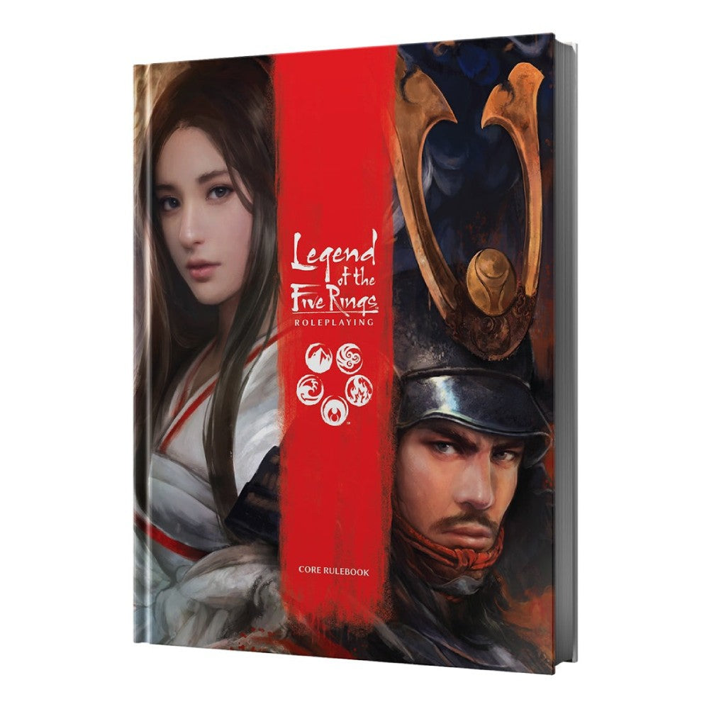 Legend of the Five Rings Roleplaying Core Rulebook cover. Features a woman, red title bar, and a samurai
