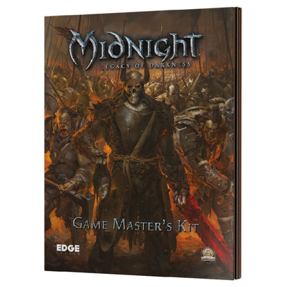 Midnight Legacy of Darkness Game Master's Kit cover: An armored skeletal warrior holds a severed head and a glowing red sword, with an army behind