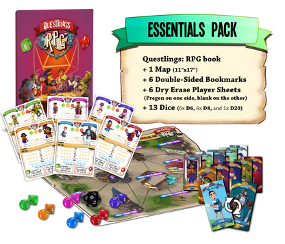 Questlings RPG Essentials Pack game book map player sheets bookmarks and colourful dice along with a list of contents