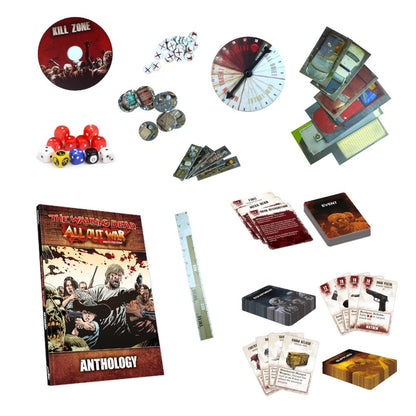Components for The Walking Dead Essentials Set board game, including the rulebook, dice, cards, tokens, spinner, and terrain pieces