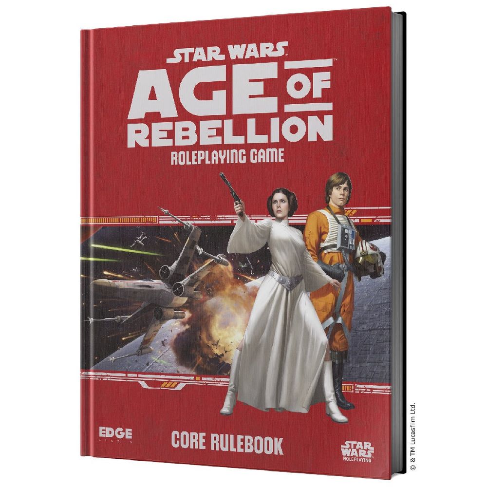 Star Wars Age of Rebellion Roleplaying Game Core Rulebook, cover features Leia with blaster, Luke, and X-wings in a space battle