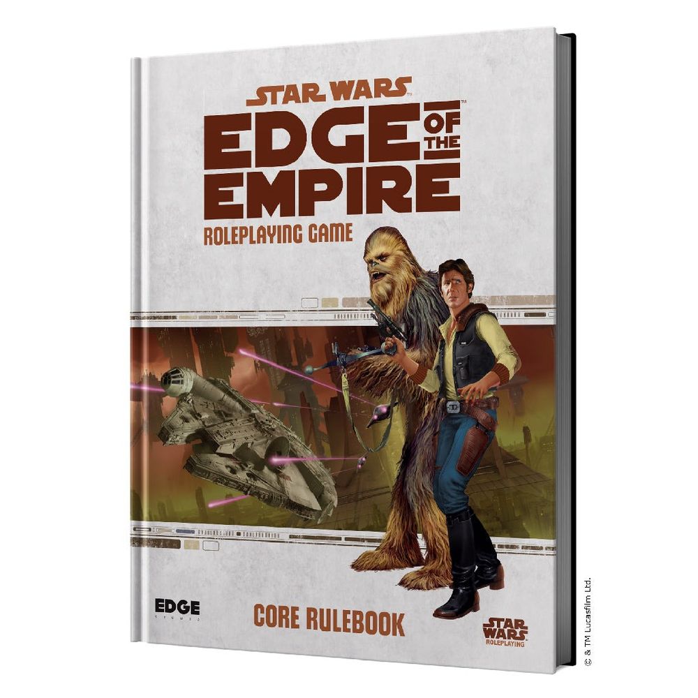 A Star Wars Edge of the Empire RPG Core Rulebook cover featuring Han Solo, Chewbacca, and the Millennium Falcon firing blasters