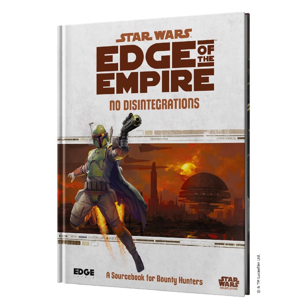 Star Wars: Edge of the Empire RPG book cover. Boba Fett flying with jetpack and blaster. Text: "No Disintegrations"