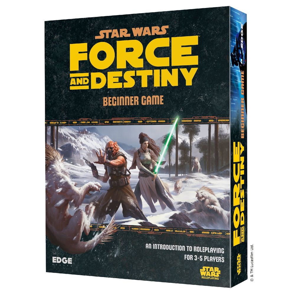 Star Wars Force and Destiny Beginner Game box, two heroes, one with a lightsaber, one using the Force, confronting snow beasts