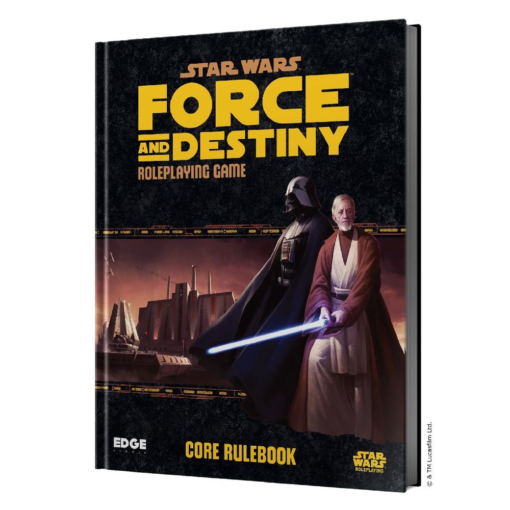 Star Wars Force and Destiny Core Rulebook cover featuring Darth Vader and Obi-Wan Kenobi holding a blue lightsaber