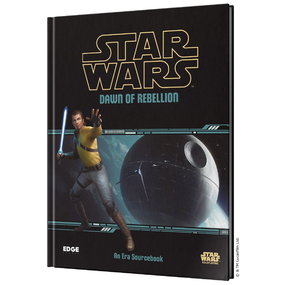 Star Wars Dawn of Rebellion sourcebook cover. A man with a blue lightsaber and extended hand, facing the Death Star in space