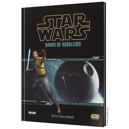 Star Wars Dawn of Rebellion sourcebook cover. A man with a blue lightsaber and extended hand, facing the Death Star in space