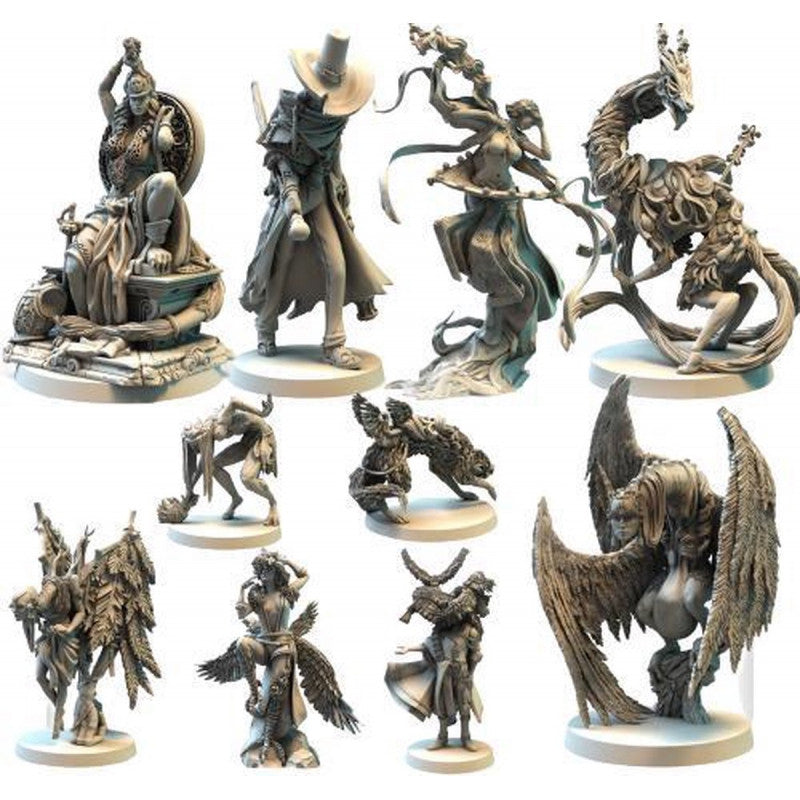 A collection of unpainted miniature resin figures including a seated warrior a figure in a wide-brimmed hat winged figures and a creature resembling a giraffe