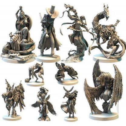 A collection of unpainted miniature resin figures including a seated warrior a figure in a wide-brimmed hat winged figures and a creature resembling a giraffe