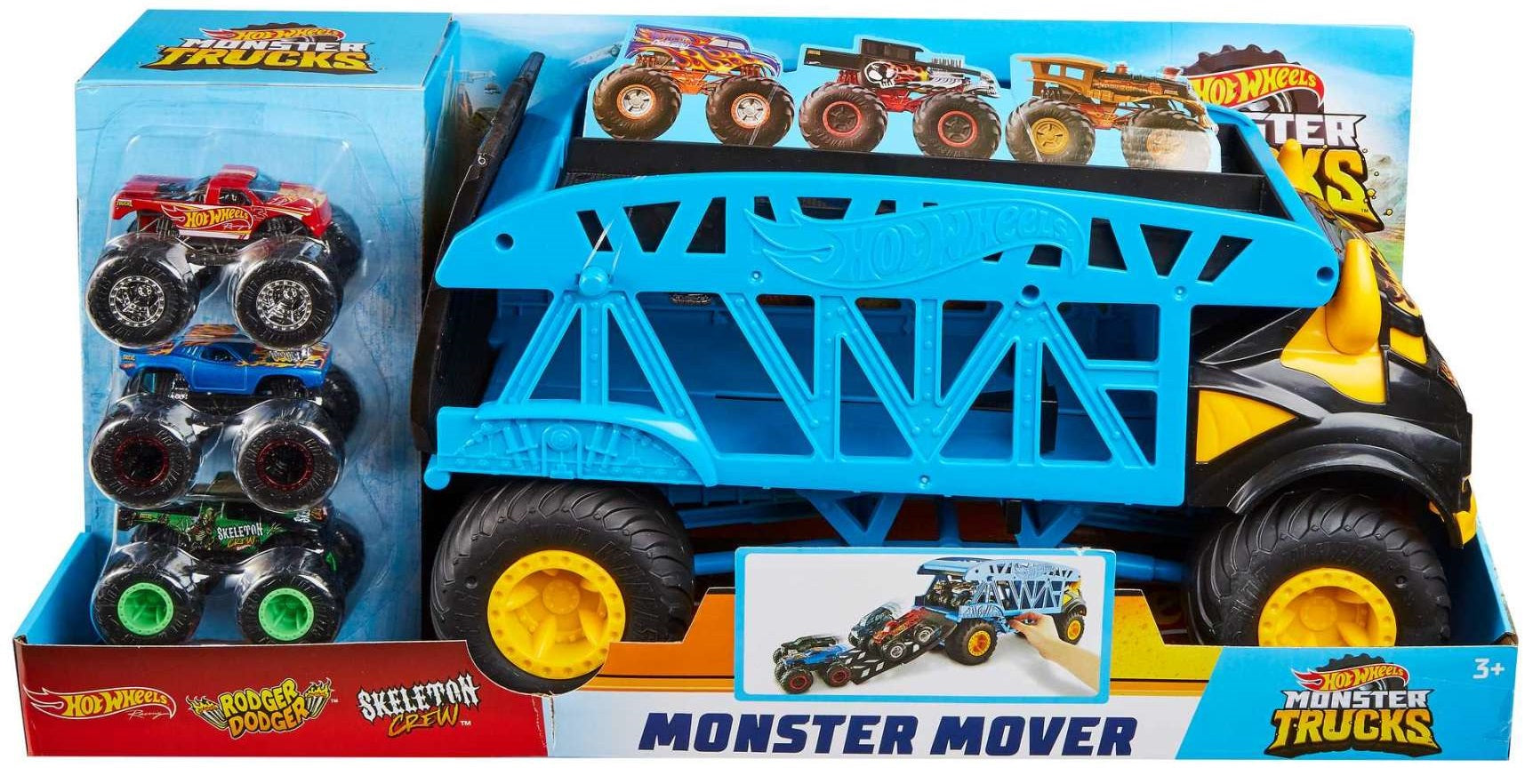 Hot Wheels Monster Mover, a large blue and black toy monster truck that carries smaller monster trucks, packaged with three mini trucks