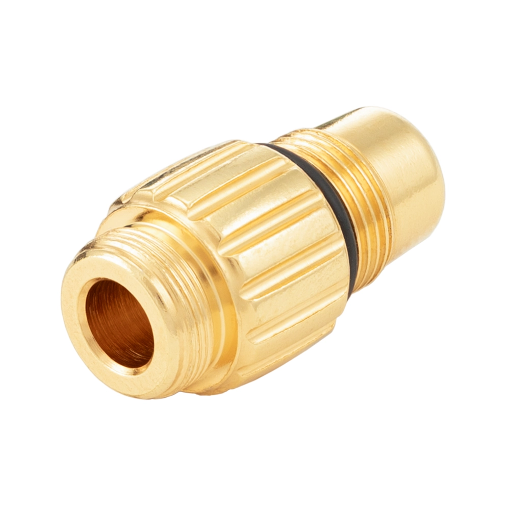 A golden airbrush middle piece featuring a ribbed grip, threaded ends, and a black O-ring