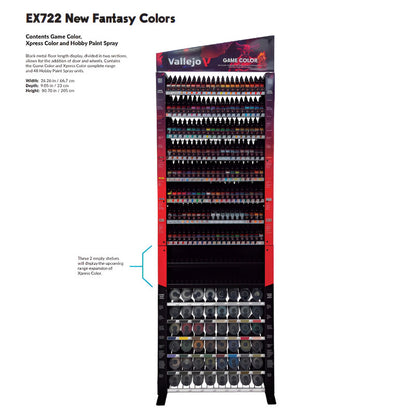 A black and red Vallejo EX722 hobby paint display stand filled with dropper bottles, spray cans, and empty shelves
