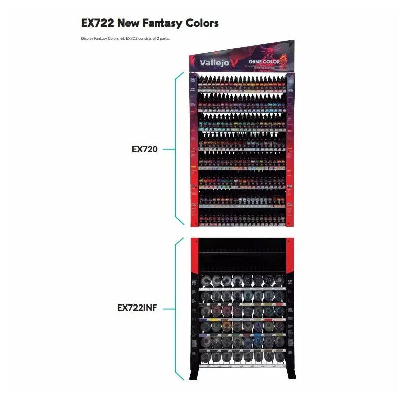 A two-part Vallejo New Fantasy Colors display stand, with many dropper bottles on top and larger paint pots below