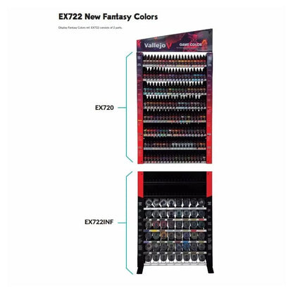 A two-part Vallejo New Fantasy Colors display stand, with many dropper bottles on top and larger paint pots below