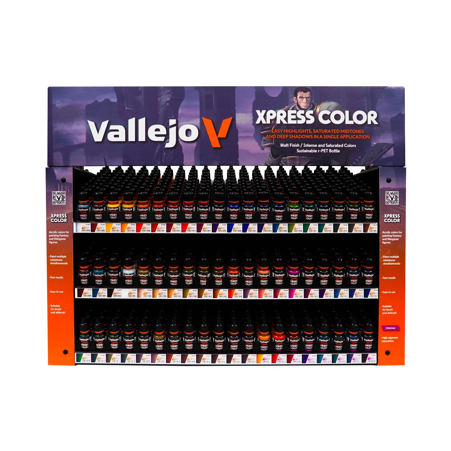 A display stand filled with many bottles of Vallejo Xpress colour acrylic paints for miniature painting