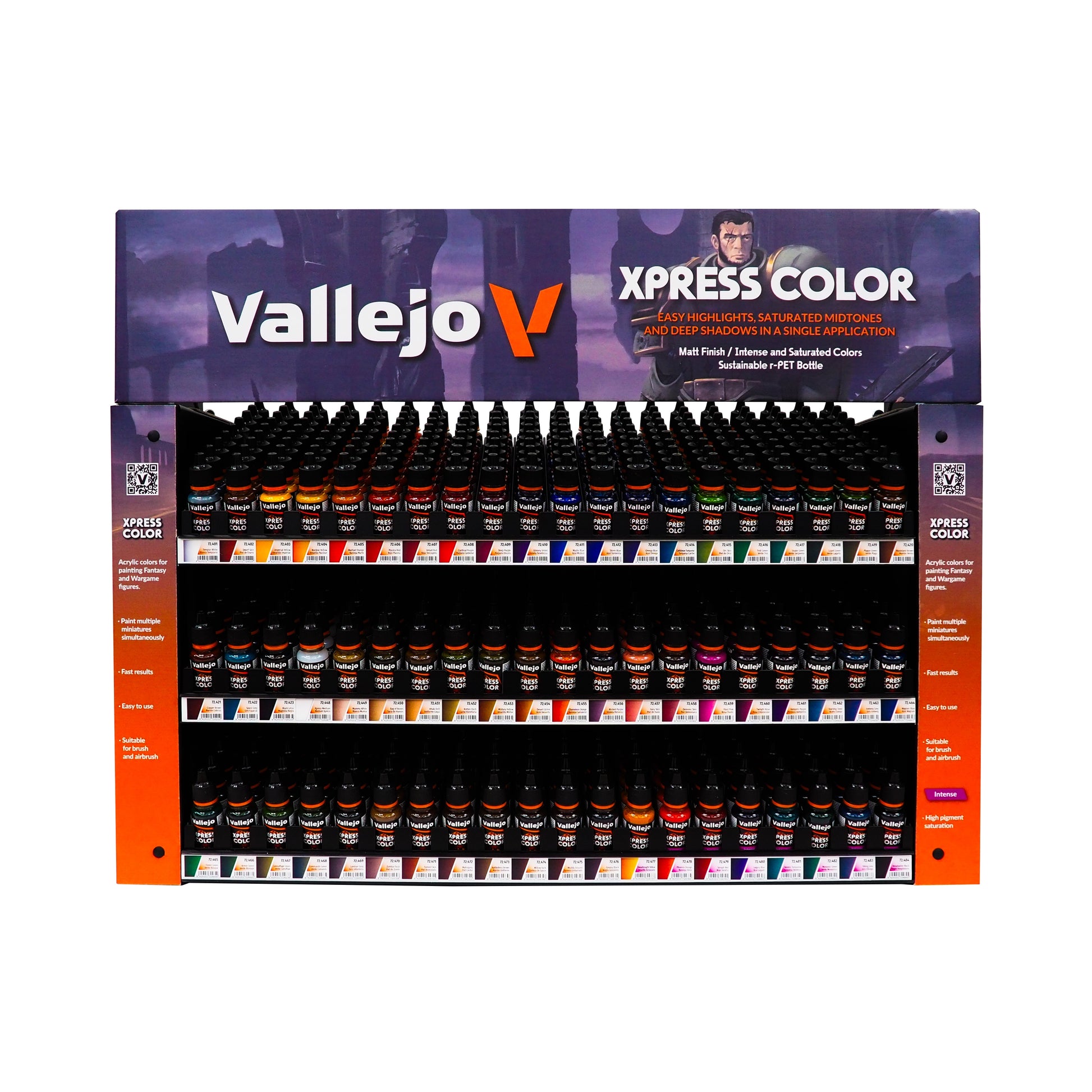 A display stand filled with many bottles of Vallejo Xpress colour acrylic paints for miniature painting
