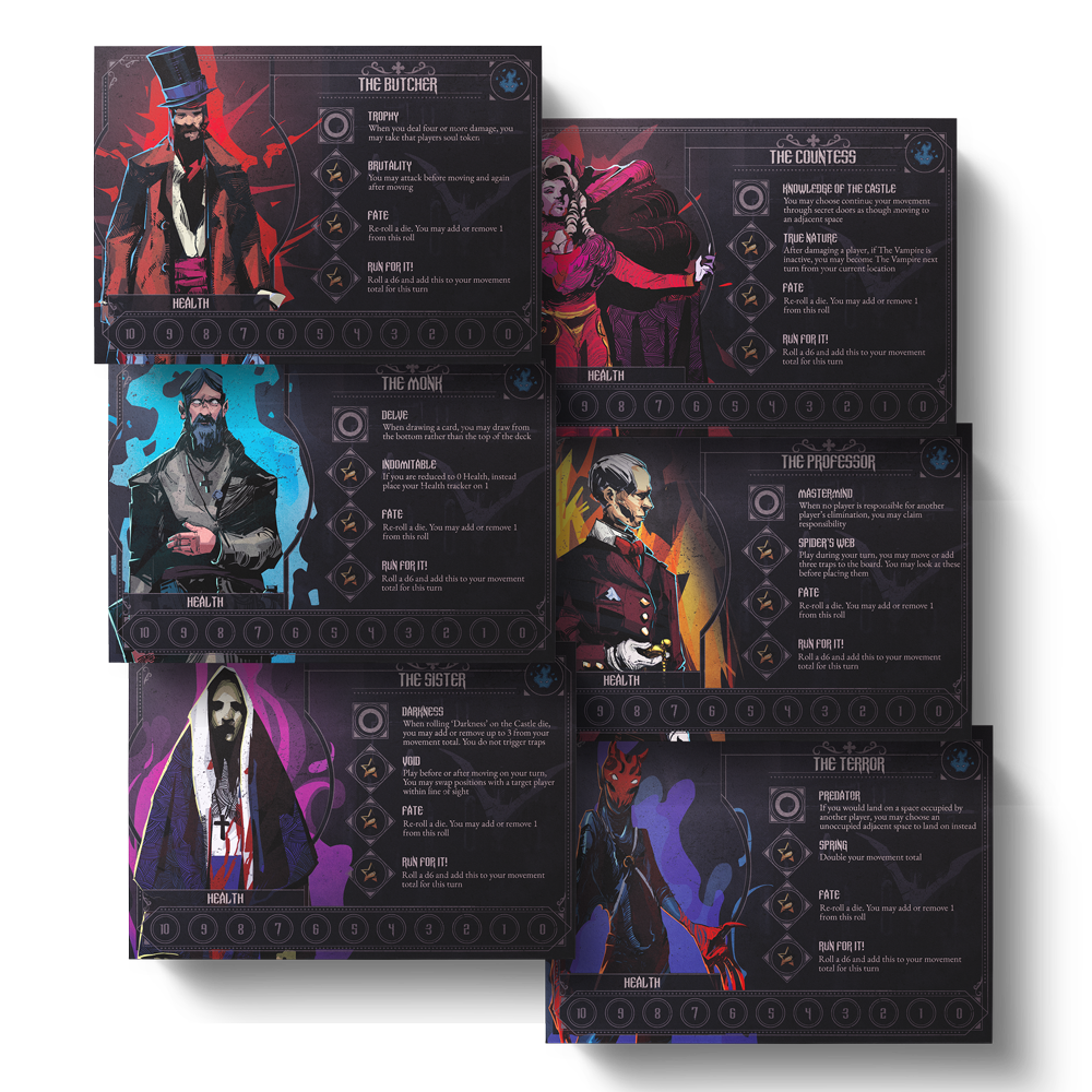 Multiple character ability cards for Damnation The Gothic Game - Night of the Vampire Expansion are fanned out, showcasing six unique illustrated characters with their abilities and health tracks