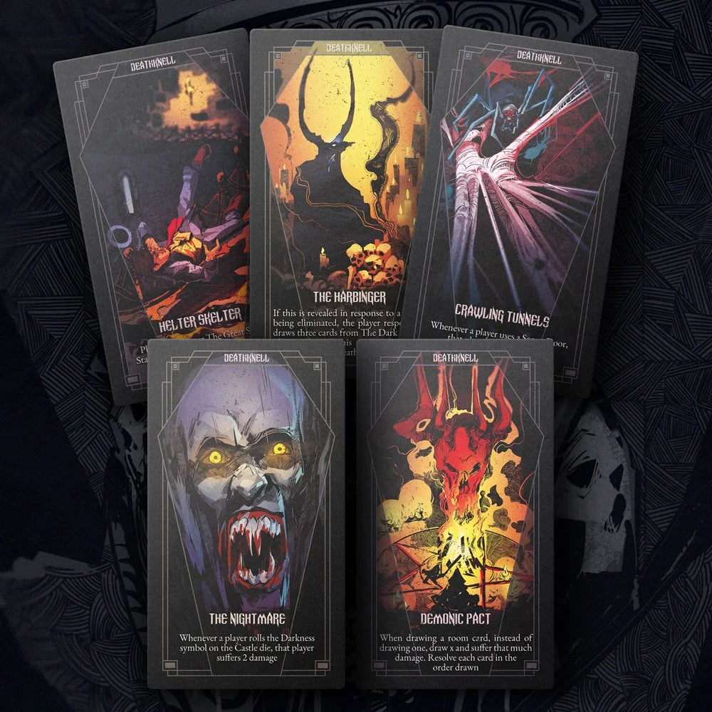Five Damnation The Gothic Game - Night of the Vampire Expansion cards are fanned out displaying dark fantasy art and game text