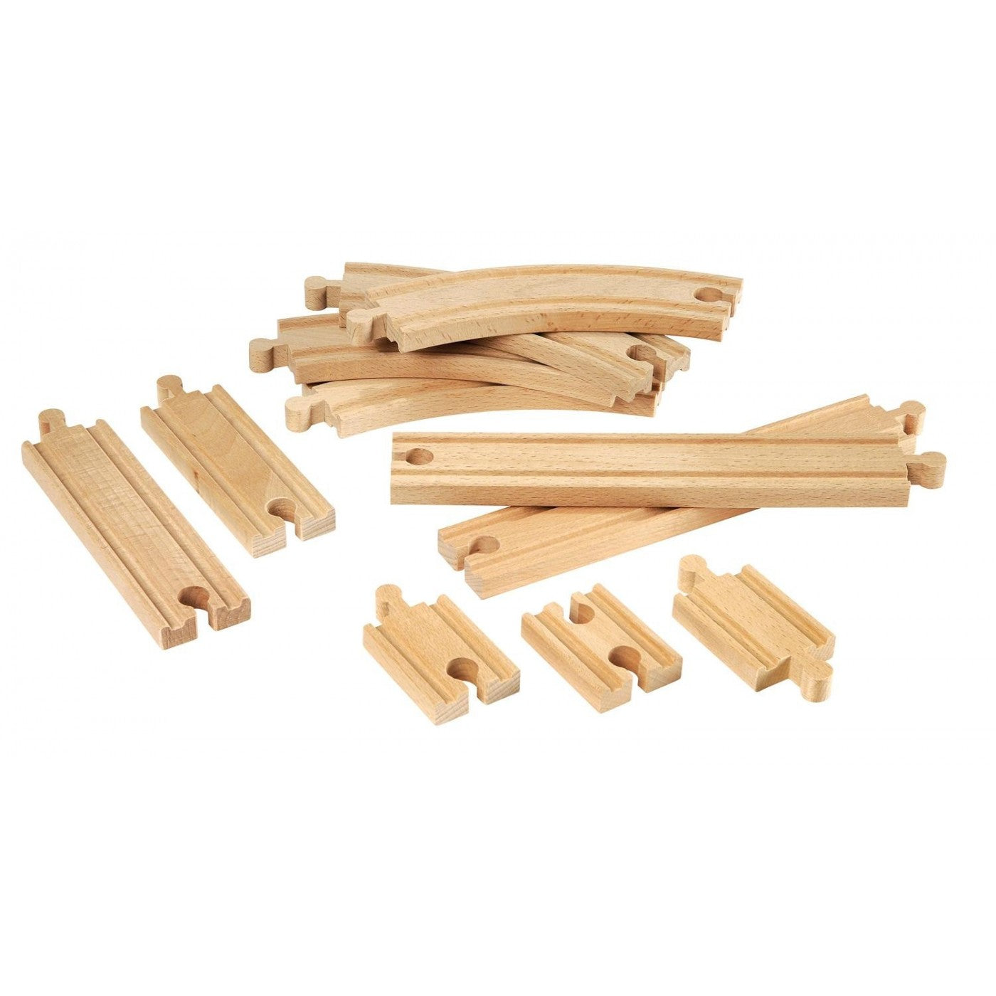 Pile of wooden toy train track pieces, including curves, straight sections, and connectors, on a white background