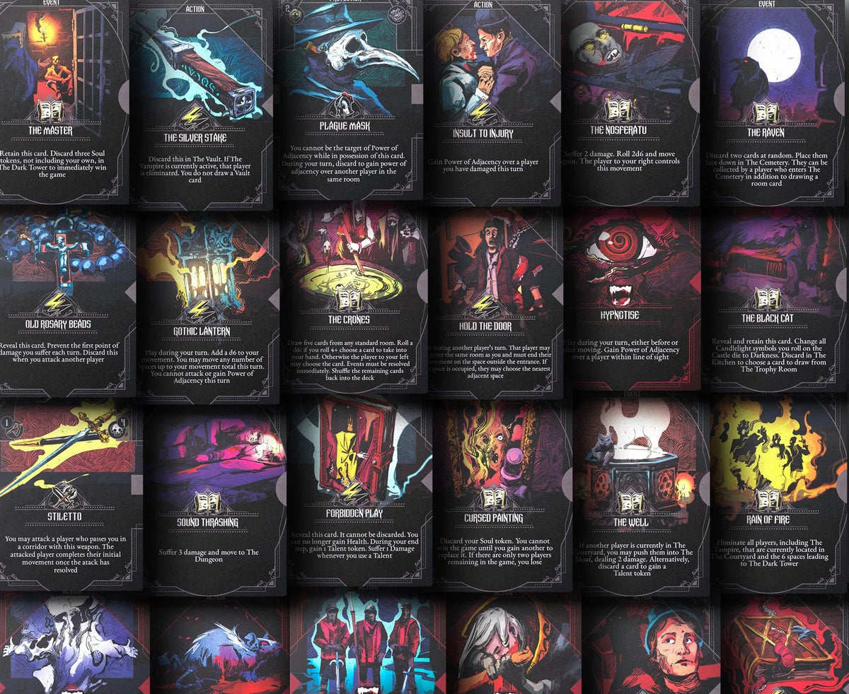A grid of 24 dark gothic-themed game cards from the Damnation The Gothic Game - Night of the Vampire Expansion featuring various illustrations and text