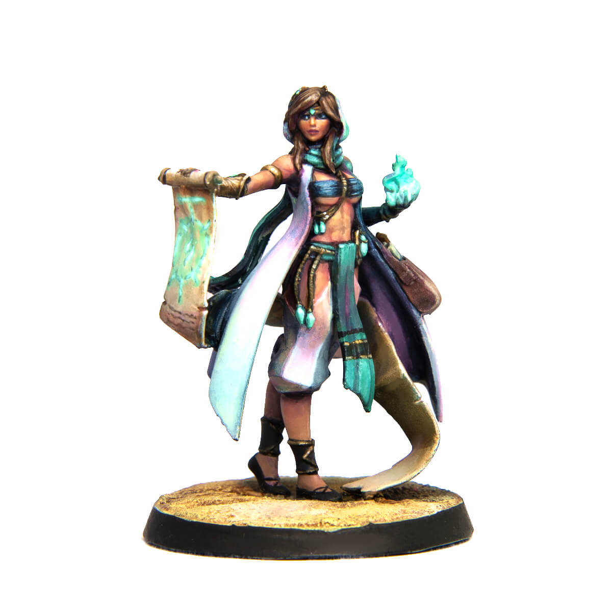 A miniature of a female sorceress holding an illuminated scroll and a glowing teal flame.