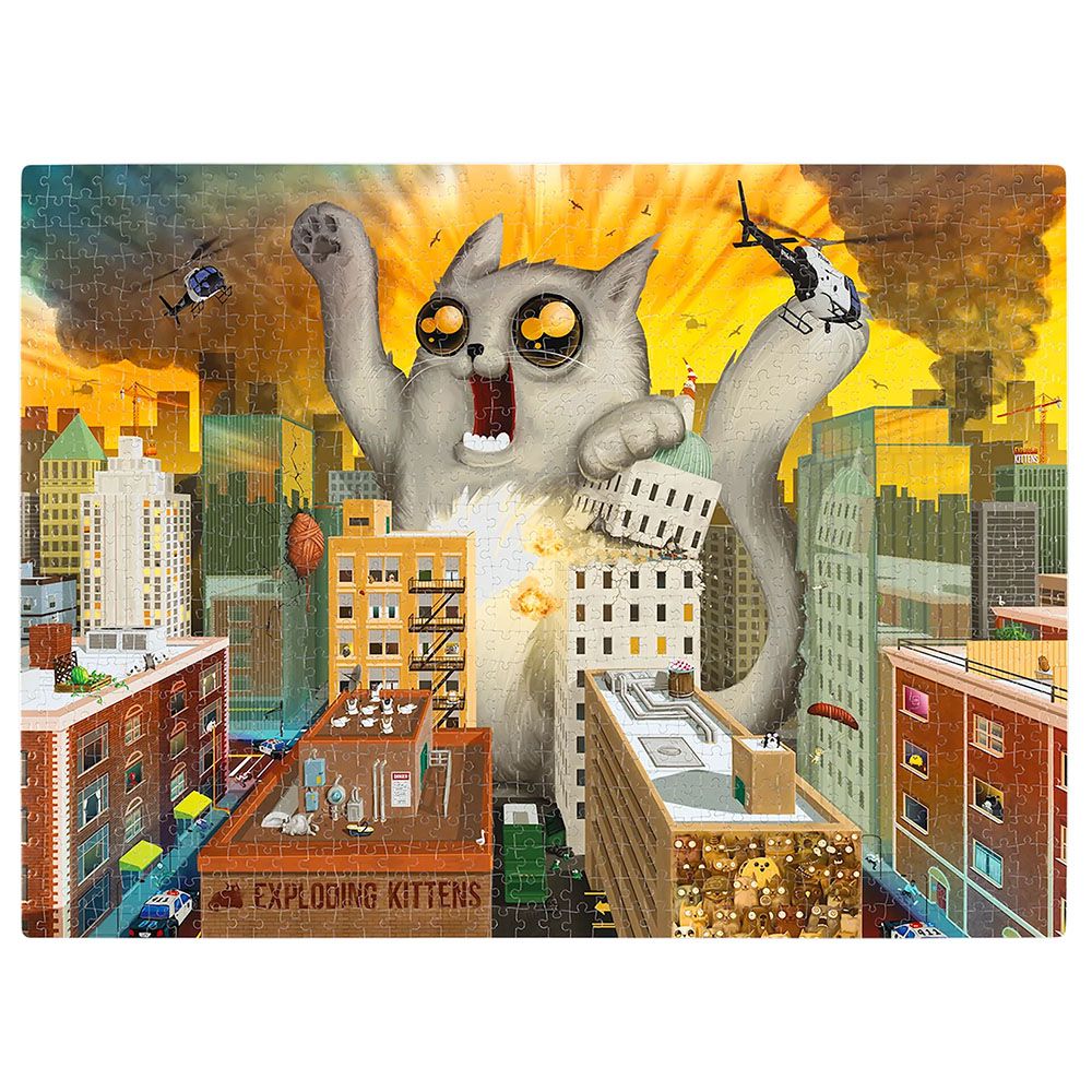 Exploding Kittens Feline of Unusual Size 1000-piece jigsaw puzzle showcasing a giant gray cat destroying a city while helicopters fly overhead