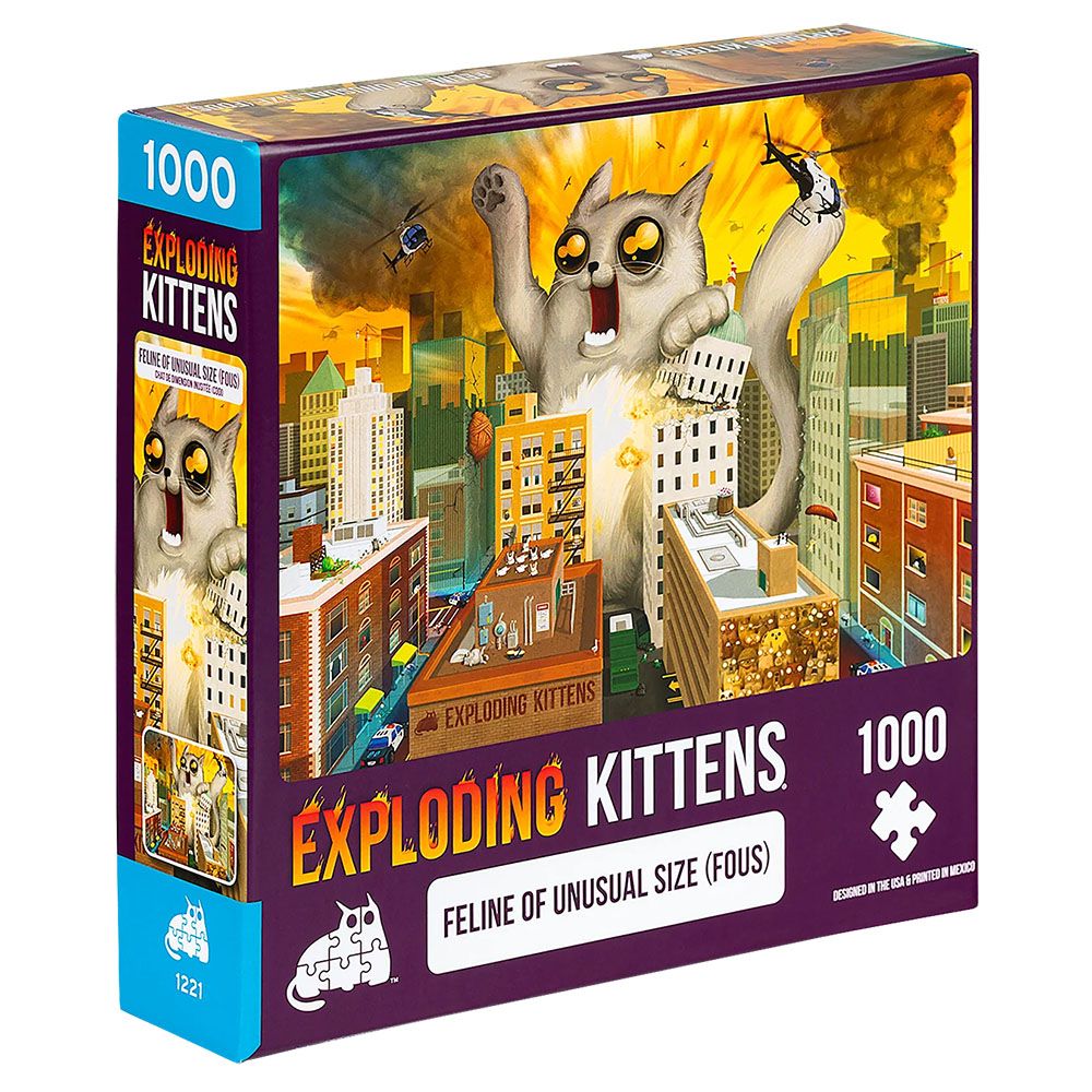 Exploding Kittens Feline of Unusual Size 1000-piece jigsaw puzzle box featuring a giant grey cat attacking a city helicopters overhead
