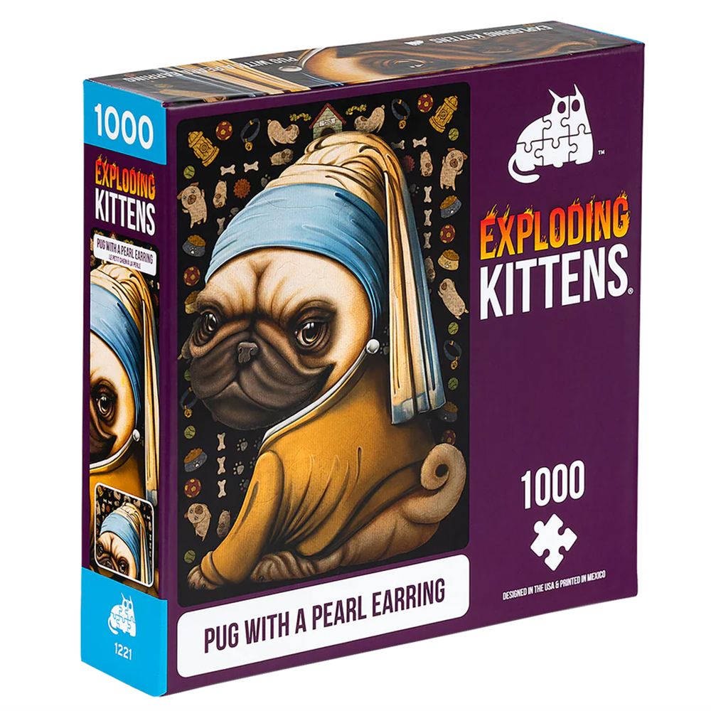 Exploding Kittens 1000-piece puzzle featuring a humorous Pug with a Pearl Earring art parody presented in a purple box