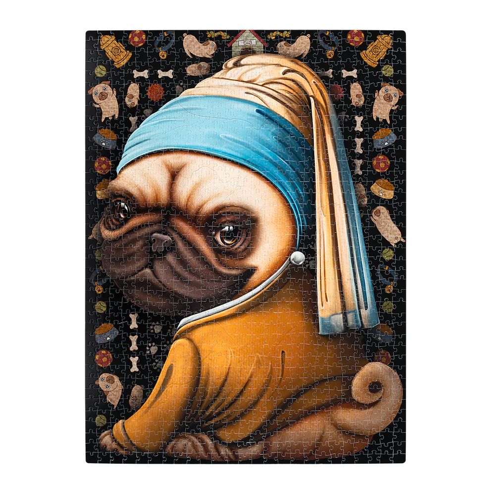 Exploding Kittens Pug with a Pearl Earring 1000-piece jigsaw puzzle featuring a comical pug dog in a Renaissance-style portrait