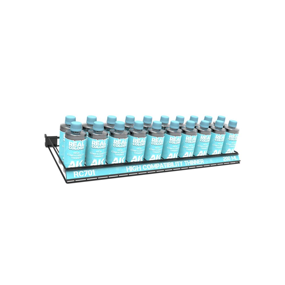 A black display rack holds multiple light blue bottles of Real Colors High Compatibility Thinner, 200 ML